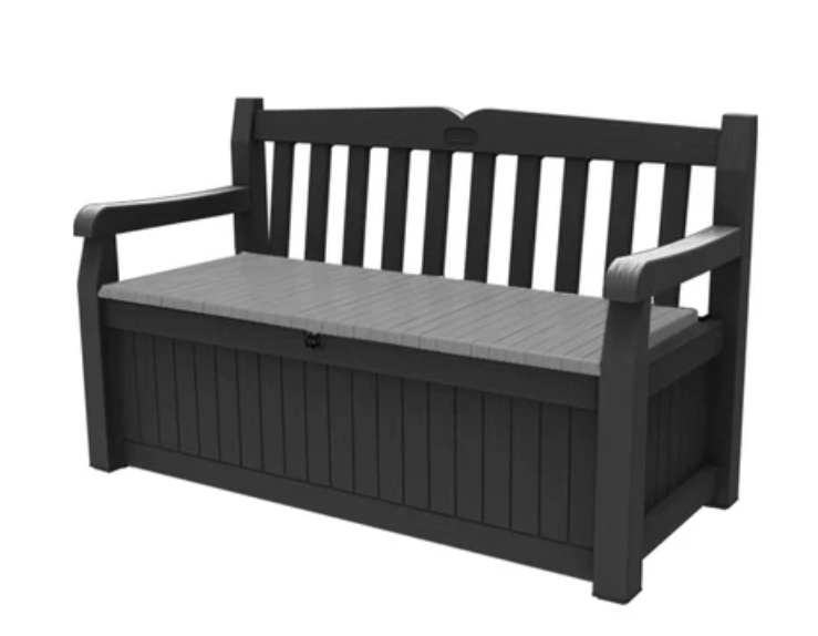 Keter   Eden   Bench   265L   Outdoor   60%   recycled   Garden   Furniture   Storage   Box   Graphite   &   Light   Grey